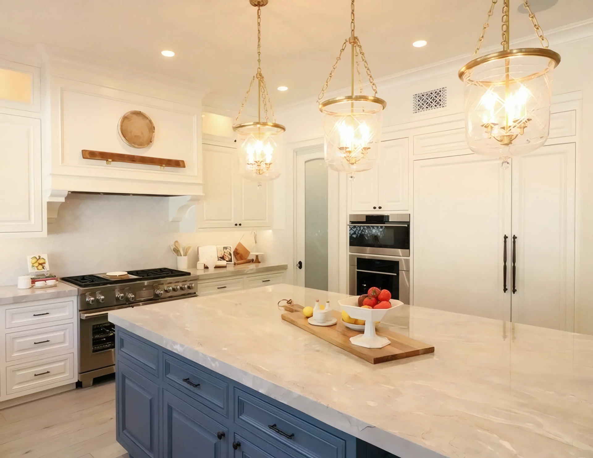 Custom luxury kitchen with blue island and brass pendants in One Ford Road, Newport Beach