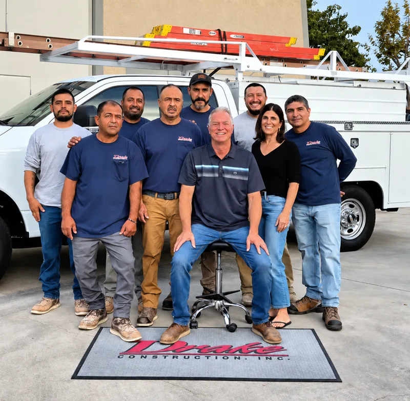 The Drake Construction team — owner Drake Smith with the crew in front of a company truck in Huntington Beach